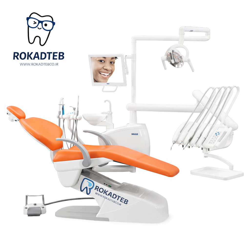 نمای زاویه‌دار یونیت دندانپزشکی زیگر Siger مدل V1000 با طراحی ارگونومیک و تابلت حرفه‌ای