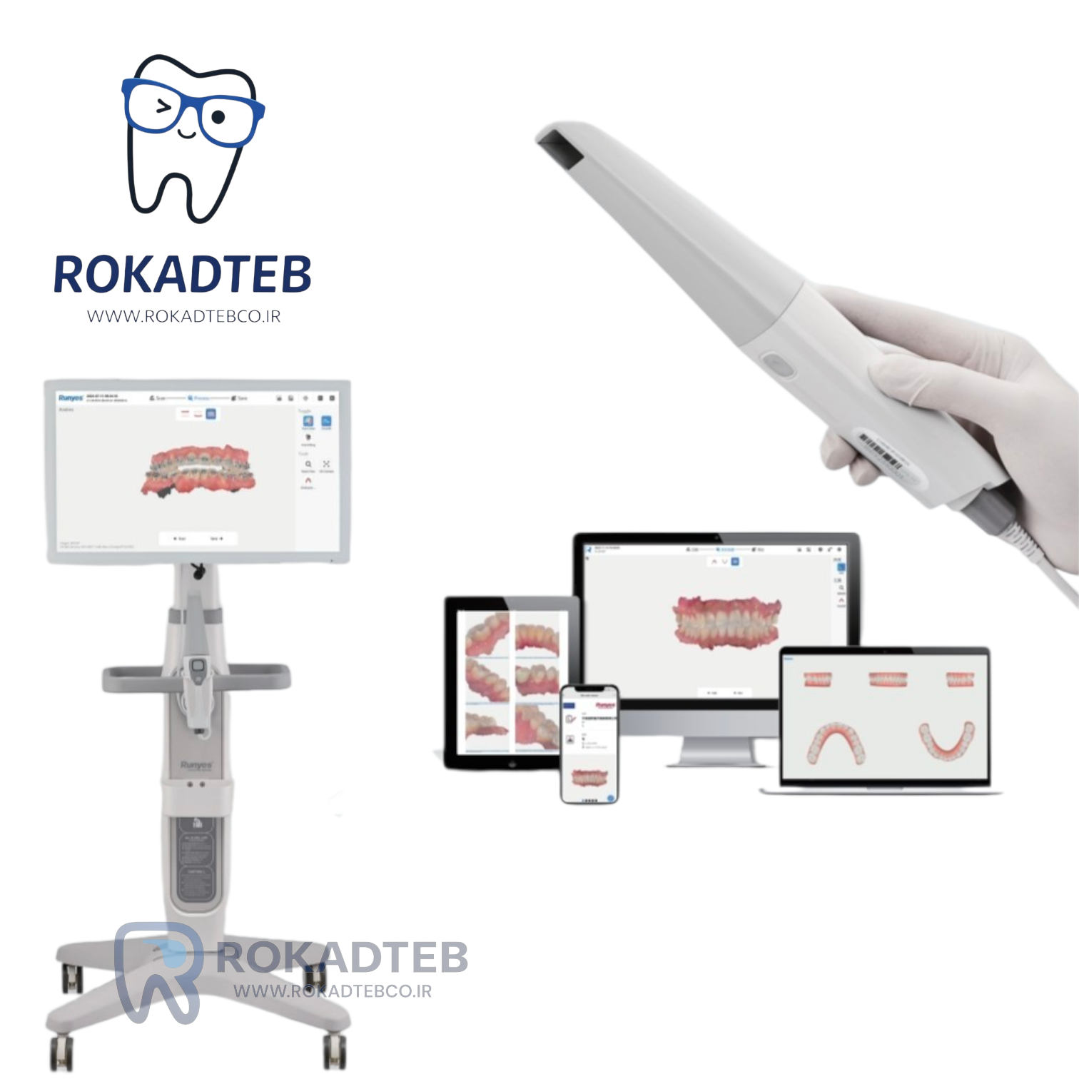 نمای اسکنر داخل دهانی Runyes 3DS V5 با هندپیس ارگونومیک و پایه نگهدارنده