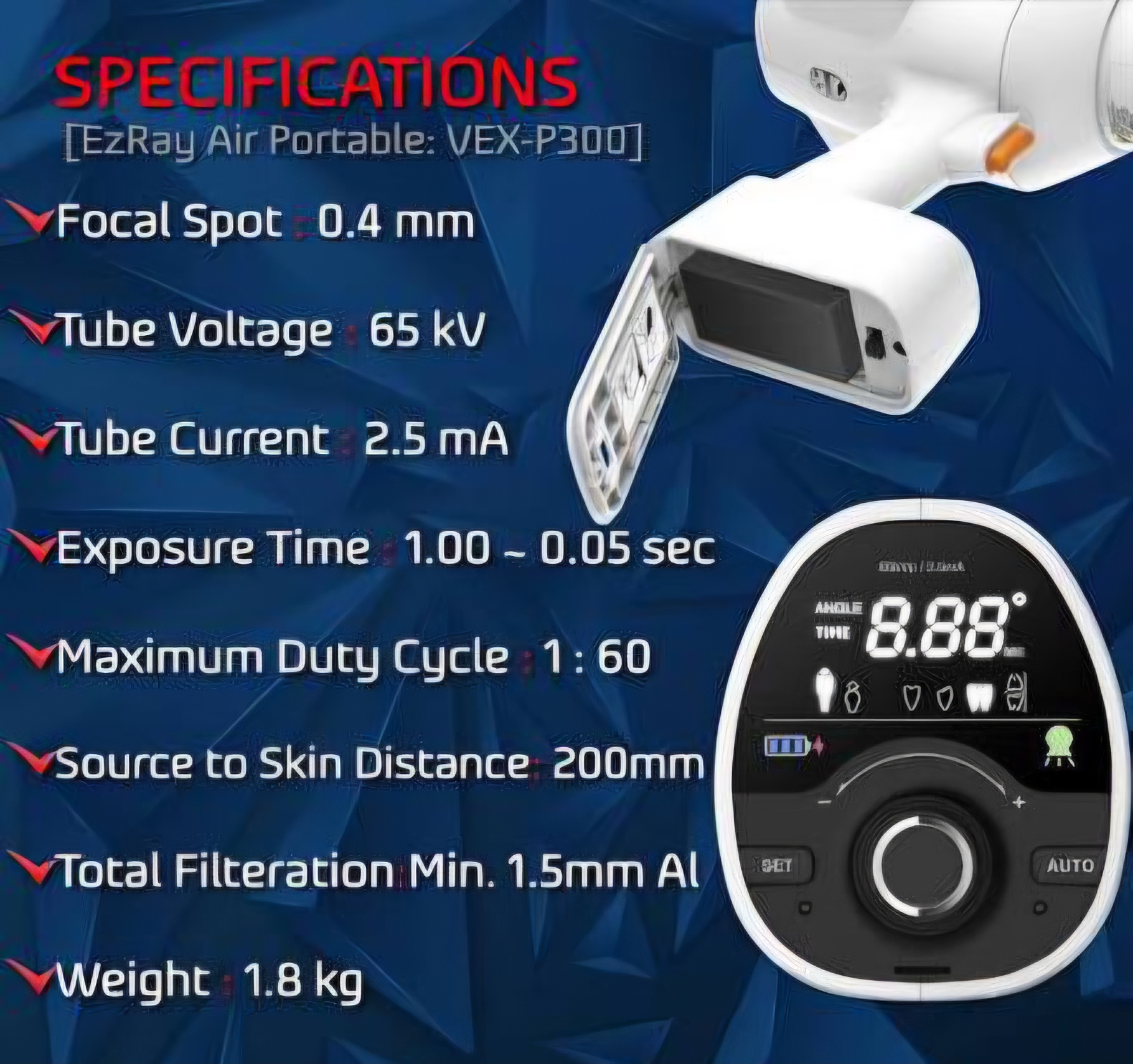 نمای نزدیک دستگاه Handy X-ray واتک EzRay-Air با طراحی خوش‌دست و حرفه‌ای