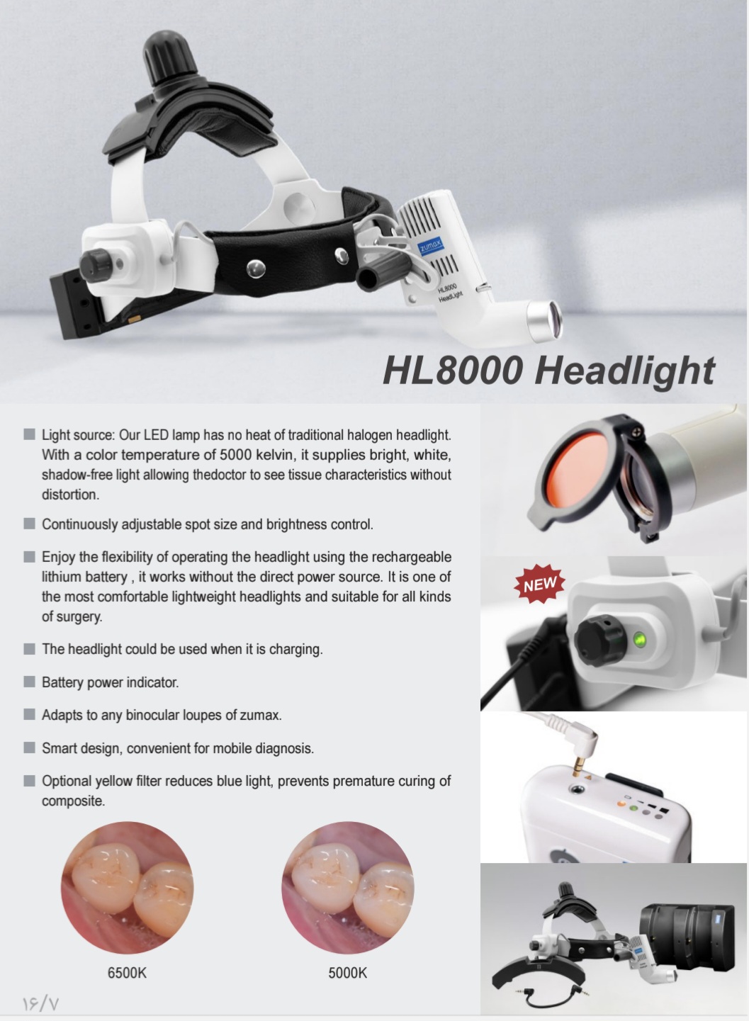 نمای نزدیک چراغ پیشانی دندانپزشکی Zumax HL8000 با روشنایی یکنواخت و بدون سایه