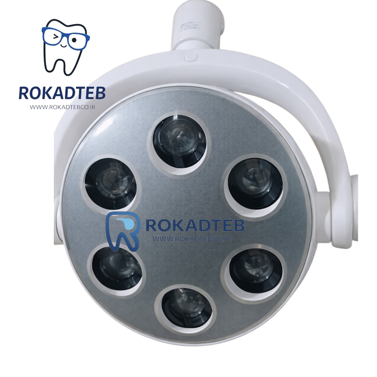 چراغ LED یونیت دندانپزشکی ۶ لنز گرد بدون سایه نصب شده روی یونیت با نور متمرکز درمانی