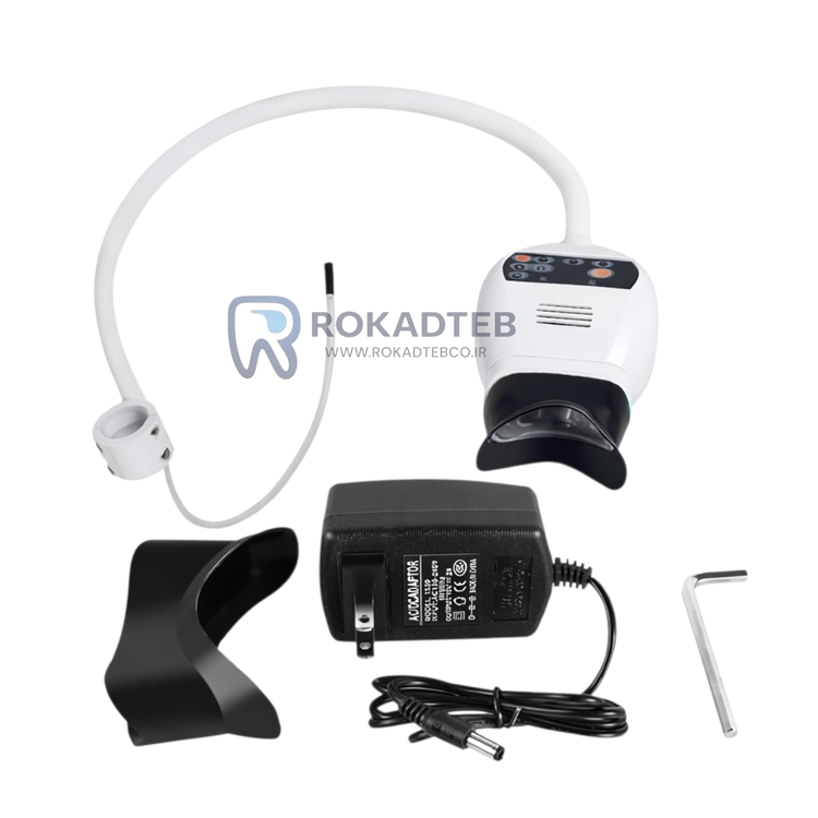 نمای کامل بلیچینگ رو یونیتی SD LED با نور آبی قرمز و بنفش به همراه تجهیزات نصب مخصوص مطب دندانپزشکی